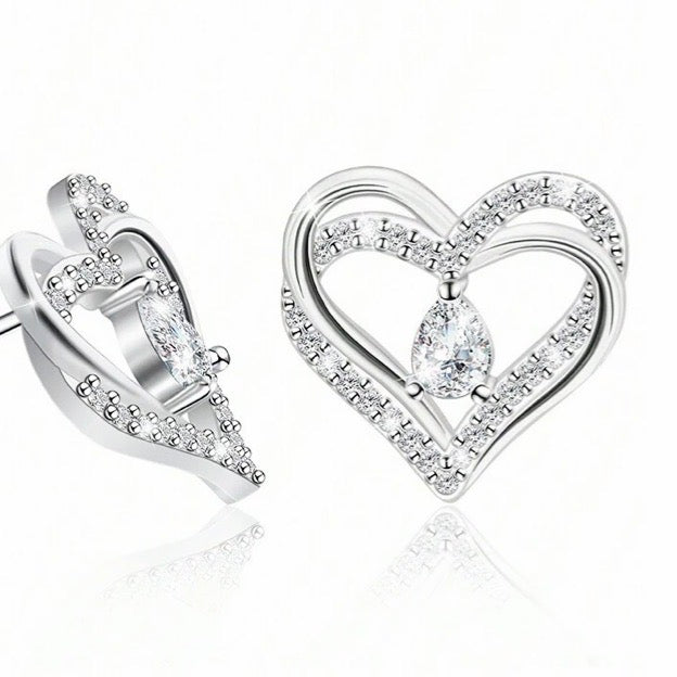 Double Heart Water Drop Earrings, Sterling Silver, Cubic Zirconia