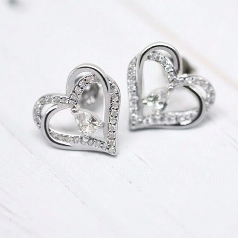 Double Heart Water Drop Earrings, Sterling Silver, Cubic Zirconia