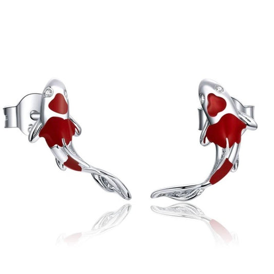 Miniature Red and Silver Striped Fish Earrings, Sterling Silver-Plated