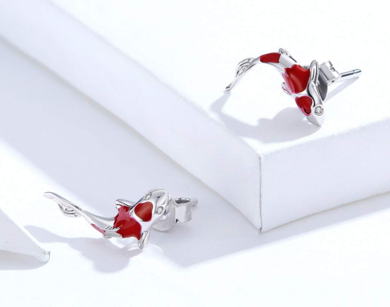 Miniature Red and Silver Striped Fish Earrings, Sterling Silver-Plated