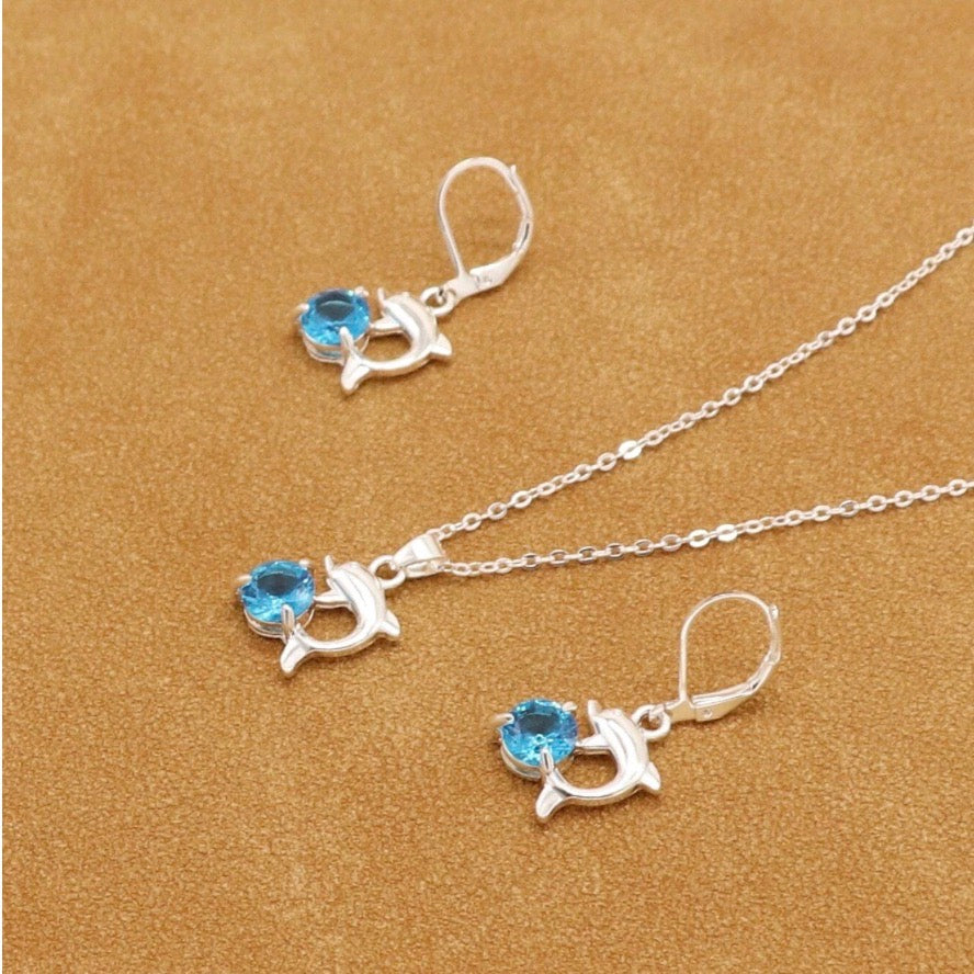 Turquoise Blue Dolphin Earrings & Necklace Set